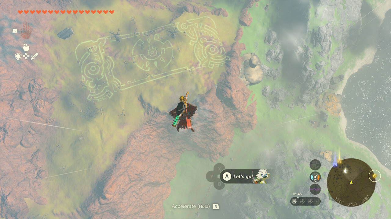 Link flying to the ground to a Hyrule geoglyph in Zelda: Tears of the Kingdom