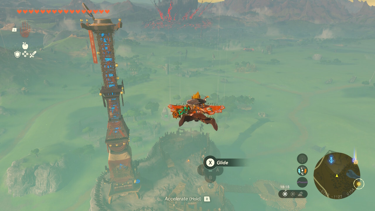 Link flying towards the Hyrule Field Skyview Tower in Zelda: Tears of the Kingdom