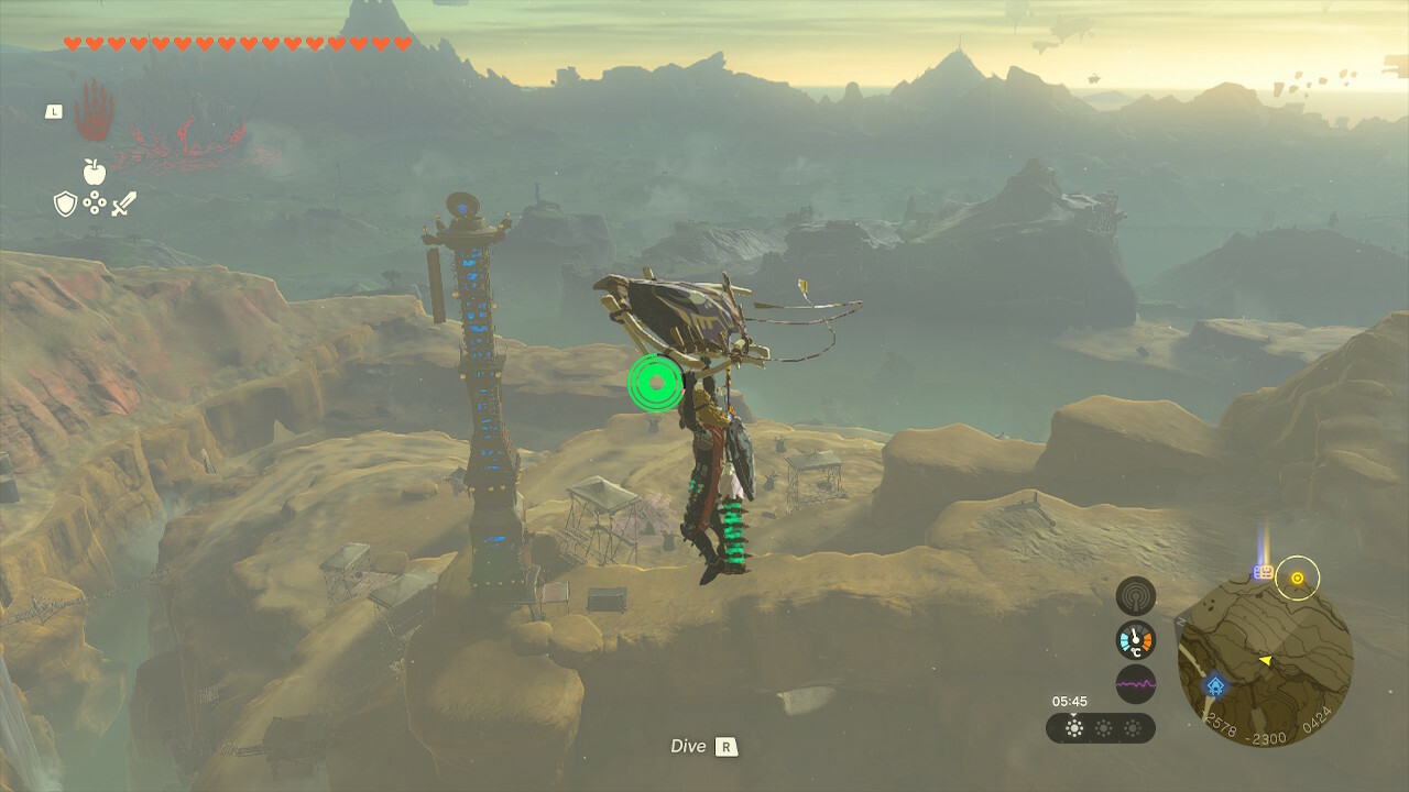 Link flying towards the Gerudo Canyon Skyview Tower in Zelda: Tears of the Kingdom