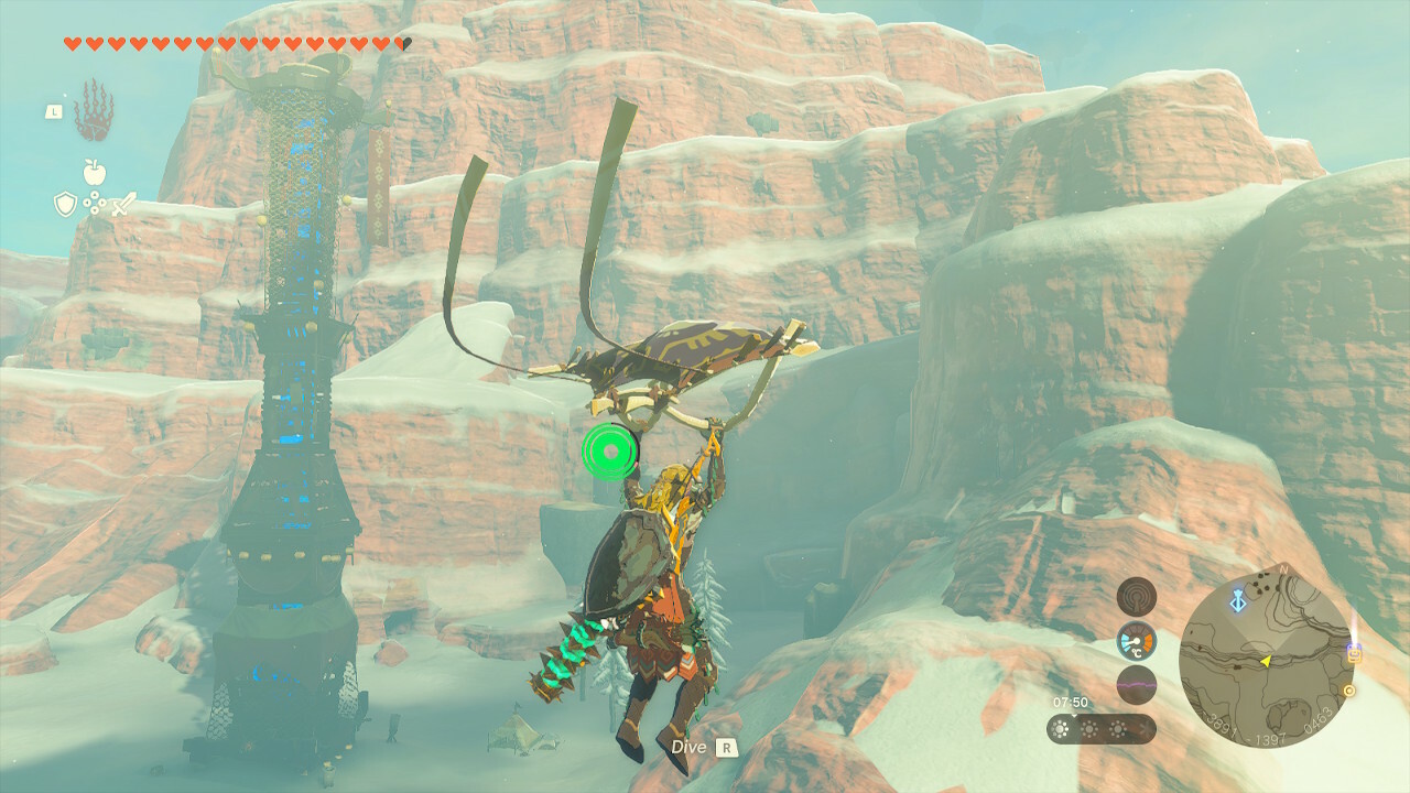 Link flying towards the Gerudo Highlands Skyview Tower in Zelda: Tears of the Kingdom