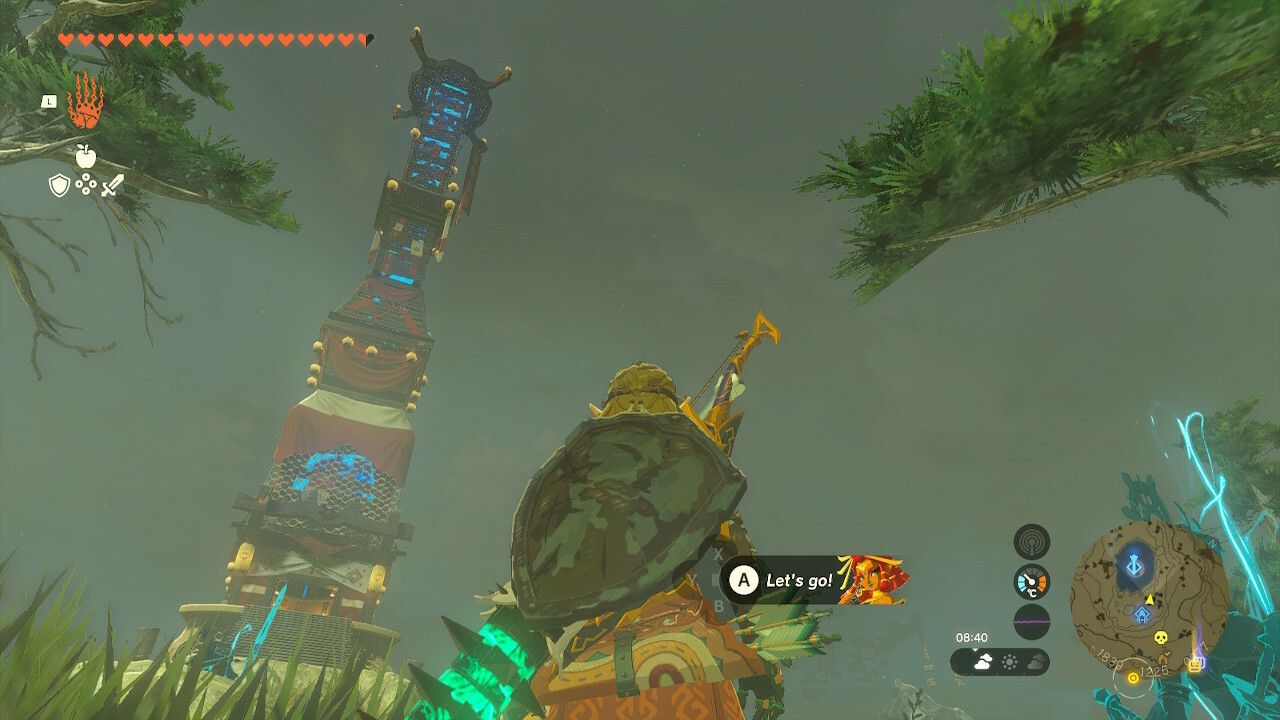 Link standing in front of Lindor's Brow Skyview Tower in Zelda: Tears of the Kingdom