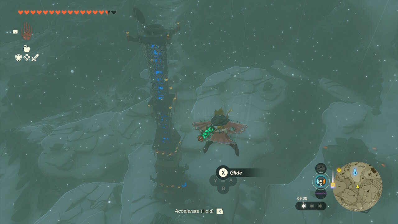 Link flying towards the Pikida Stonegrove Skyview Tower in Zelda: Tears of the Kingdom