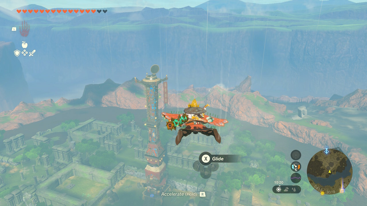 Link flying in front of the Thyphlo Ruins Skyview Tower in Zelda: Tears of the Kingdom