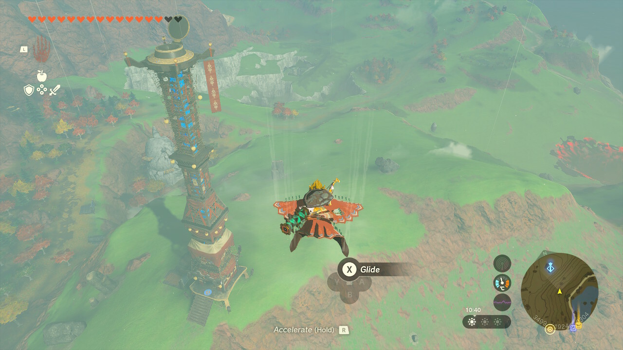 Link flying towards the Ulri Mointain Skyview Tower in Zelda: Tears of the Kingdom