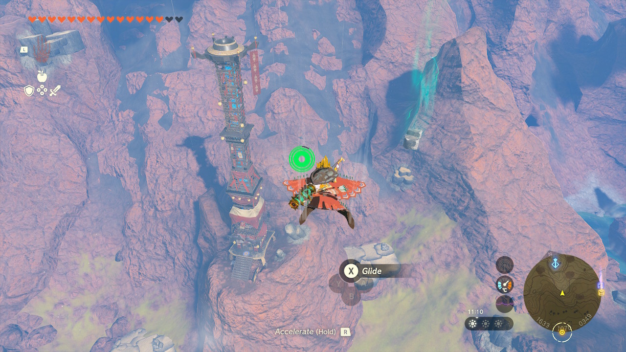 Link flying towards the Elding Canyon Skyview Tower in Zelda: Tears of the Kingdom