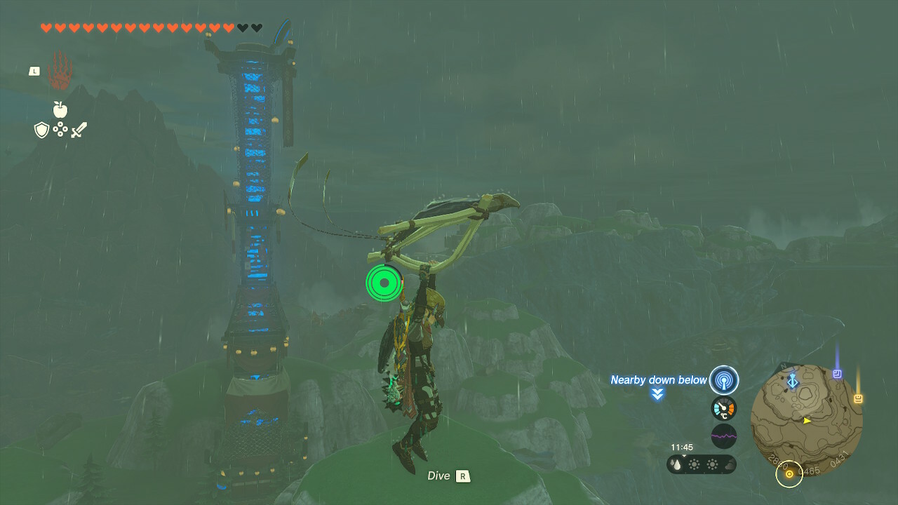 Link flying next to the Upland Zorana Skyview Tower in Zelda: Tears of the Kingdom