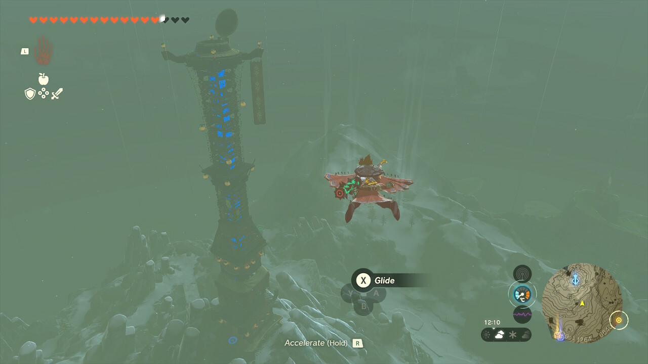 Link flying next to the Mount Lanayru Skyview Tower in Zelda: Tears of the Kingdom