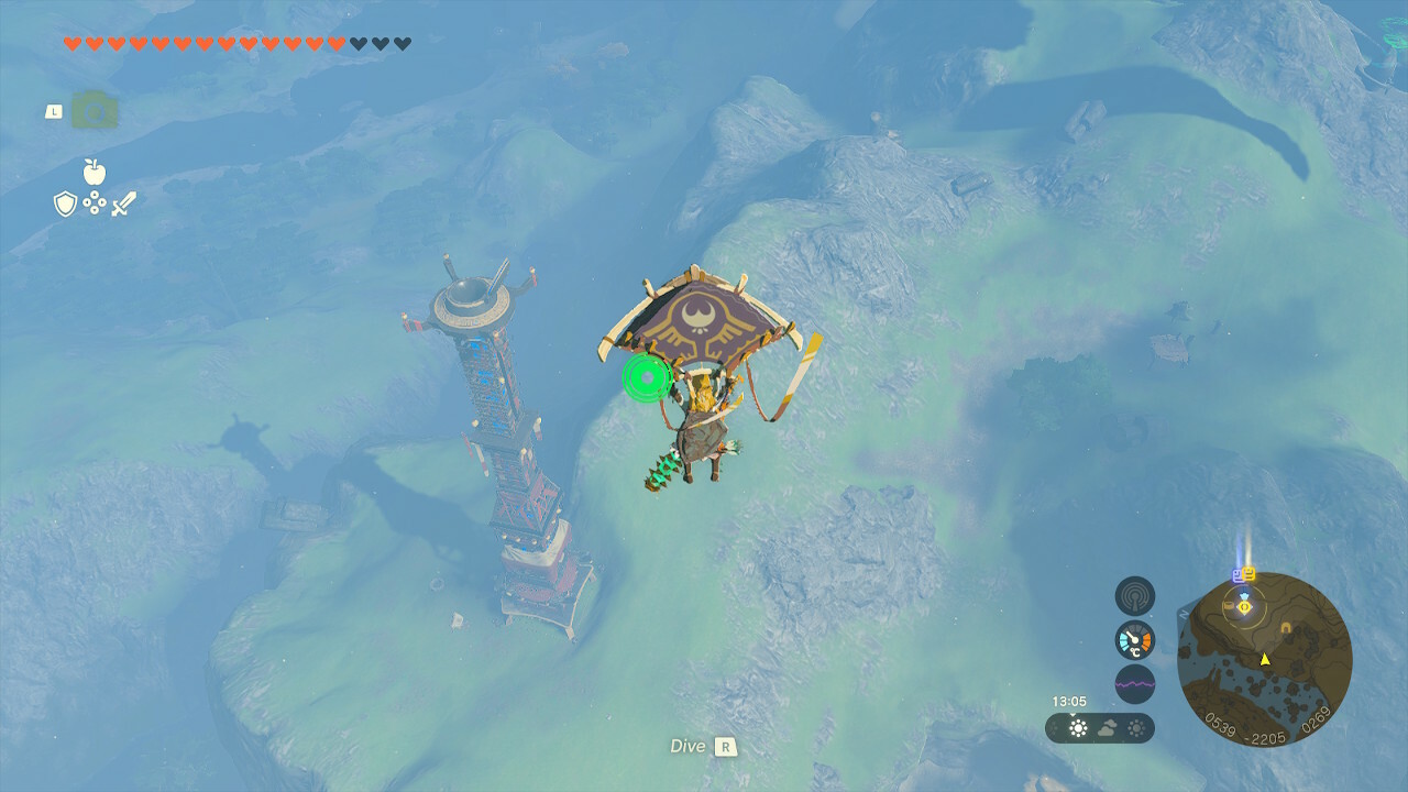 Link flying towards the Popla Foothills Skyview Tower in Zelda: Tears of the Kingdom