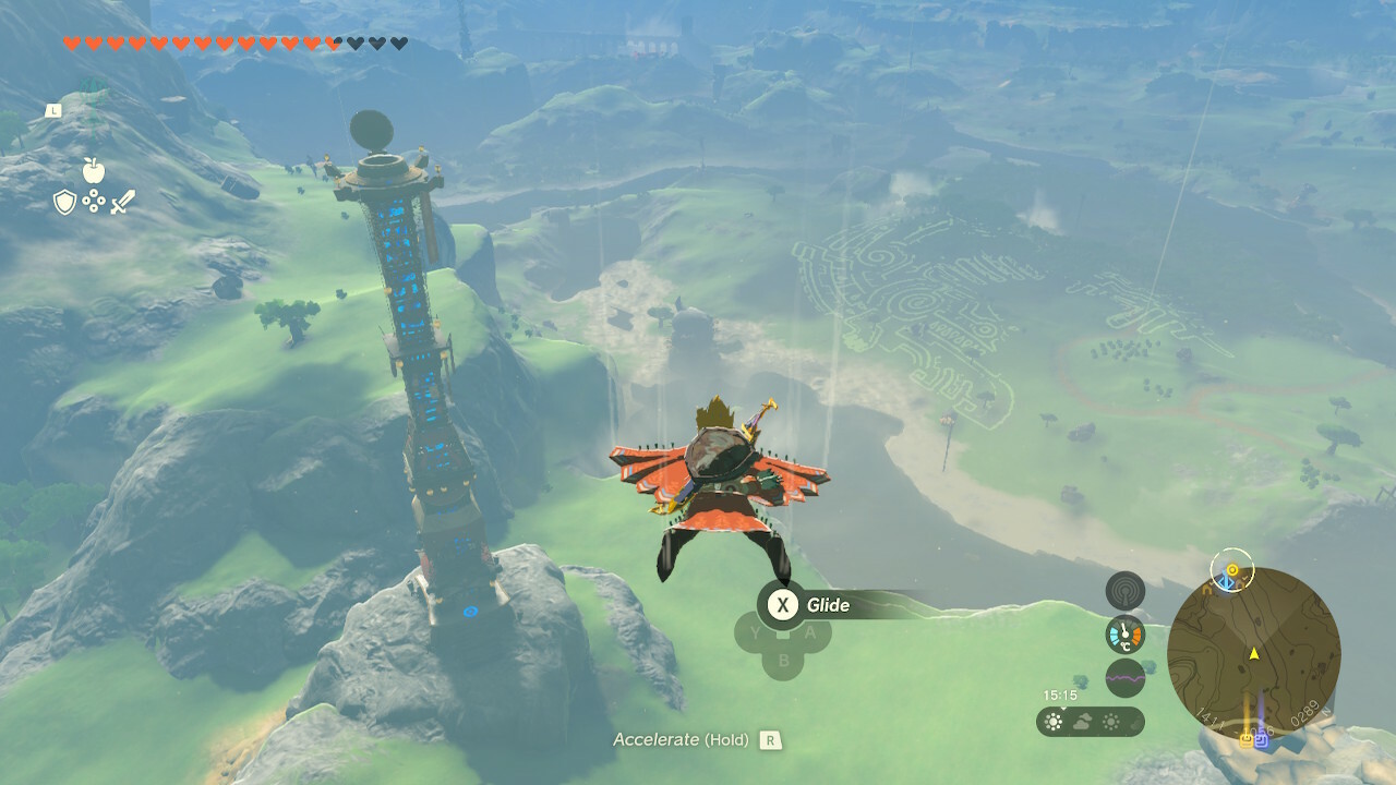 Link flying near the Sahasra Slope Skyview Tower in Zelda: Tears of the Kingdom