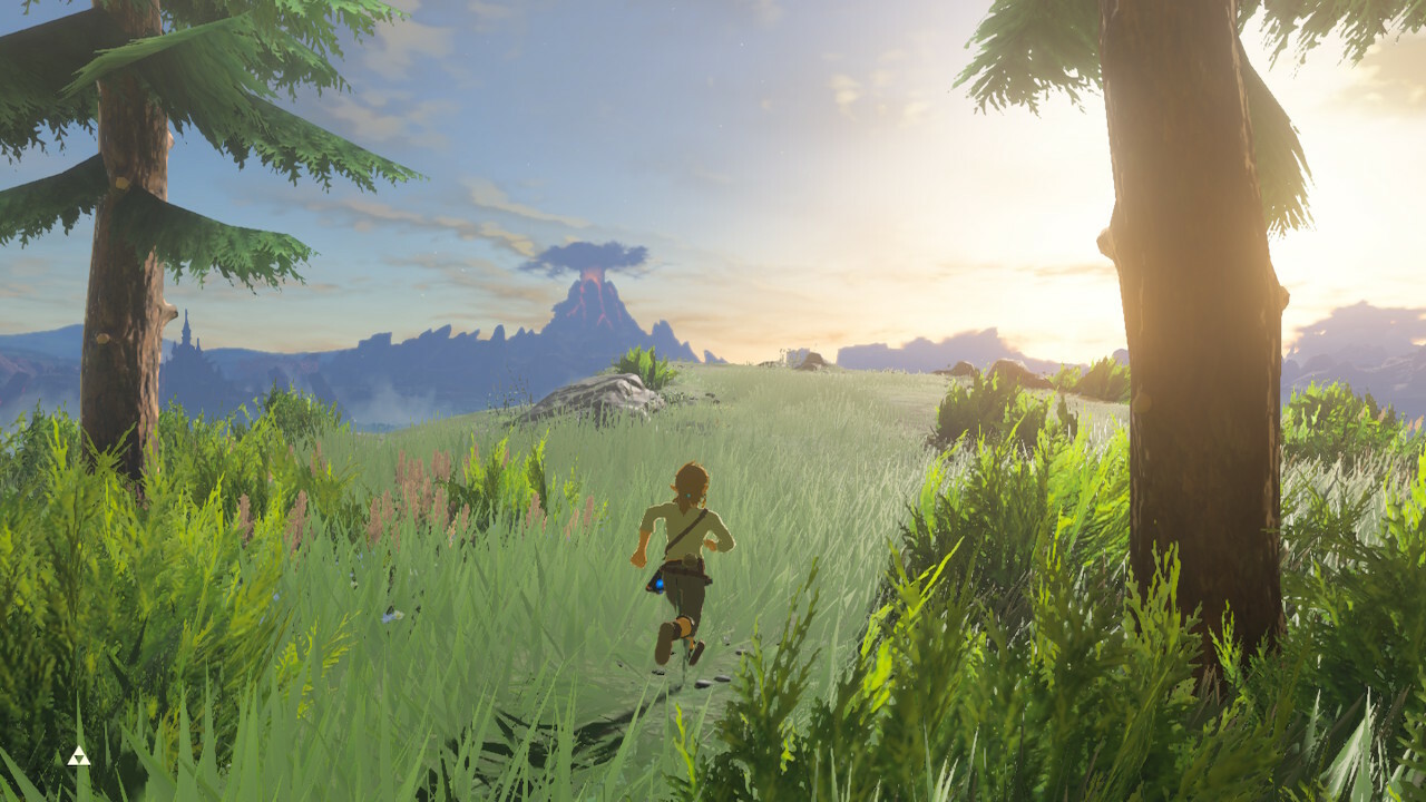 Link running up a hill with Hyrule Castle on the Horizon