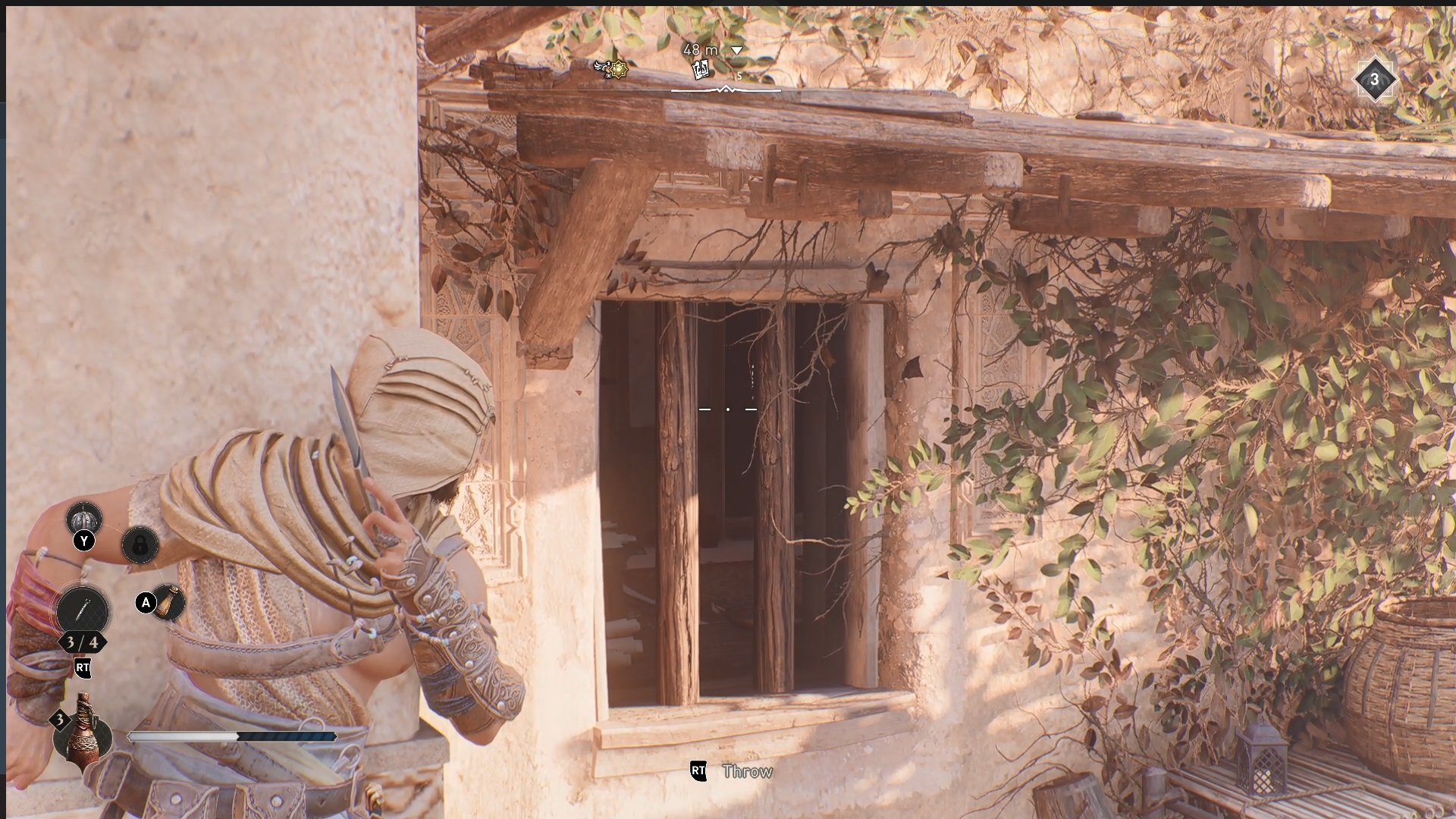 Basim apuntando con un cuchillo a una puerta en AC Mirage