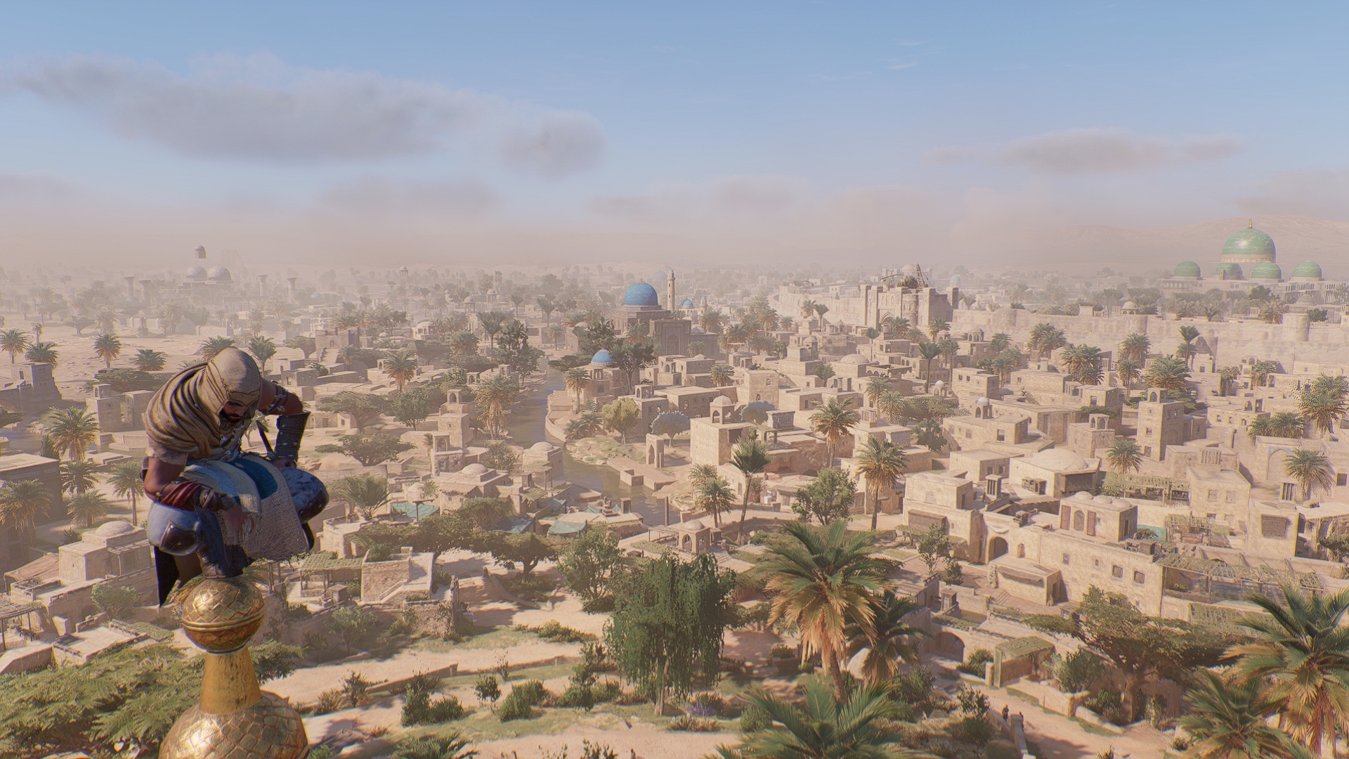 Basim sitting on the top of a tower in AC Mirage