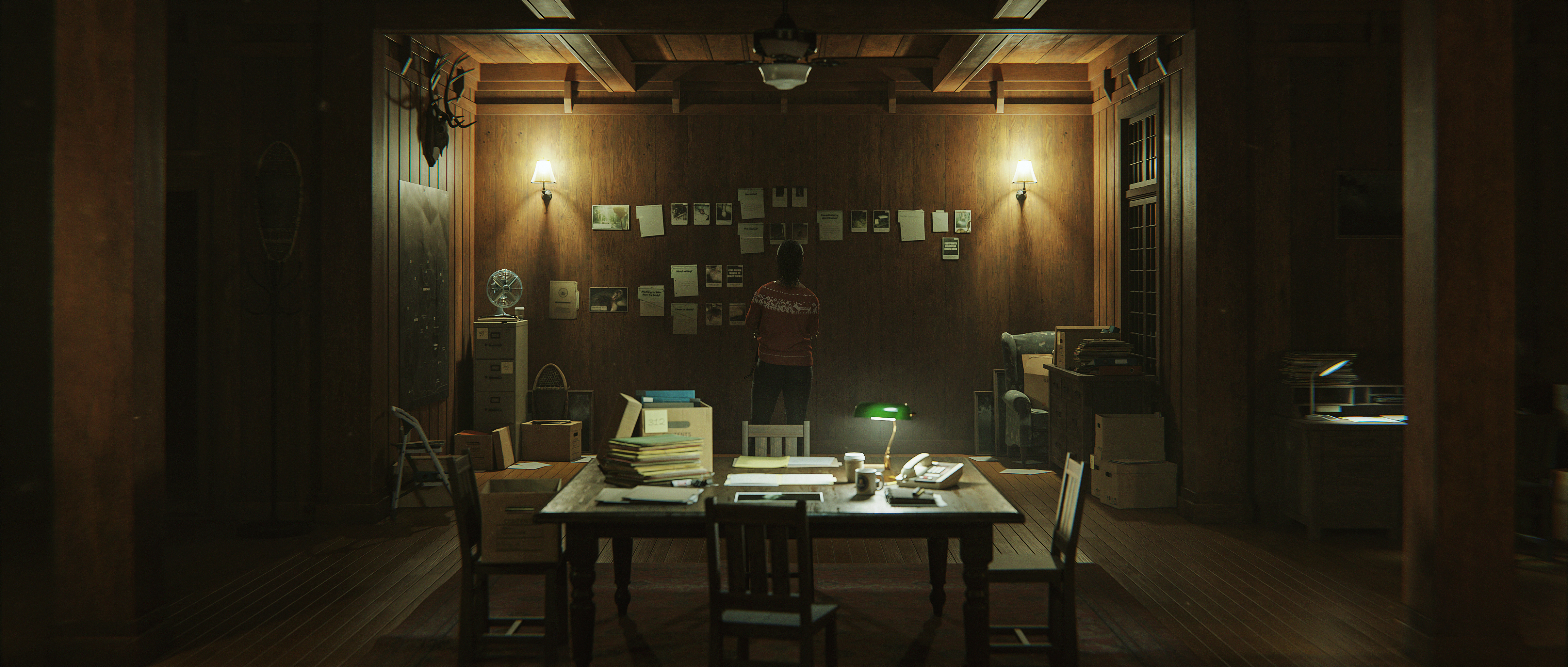 Saga mirando el tablero de casos en el lugar mental en Alan Wake 2