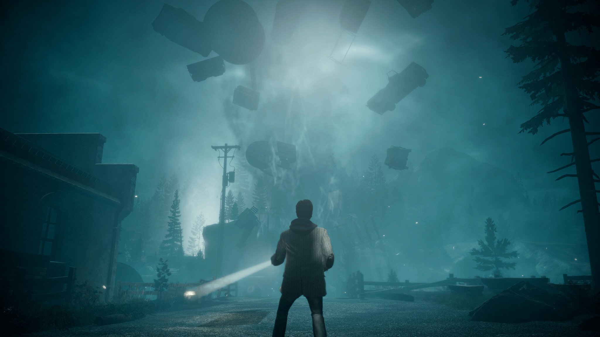 Alan Wake de pie frente a una tormenta oscura