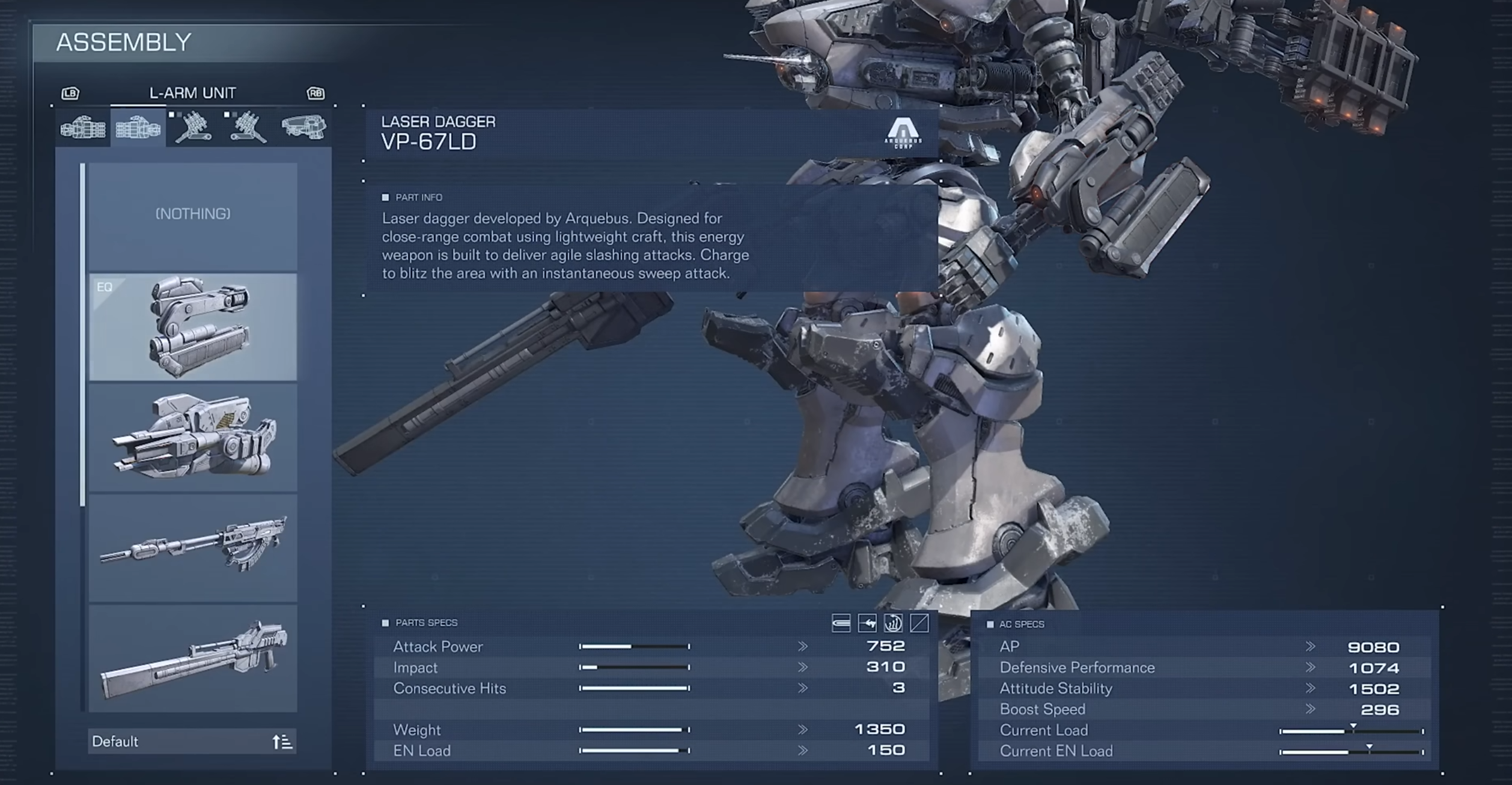 Armored Core 6 Part Specs Overview