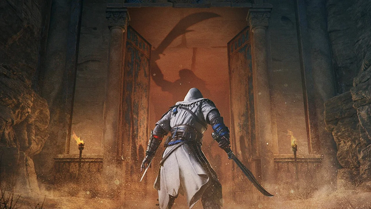 A man dressed like an assassin and holding two swords is standing in front of a huge, open gate, a shadow is visible on the wall behind the gate