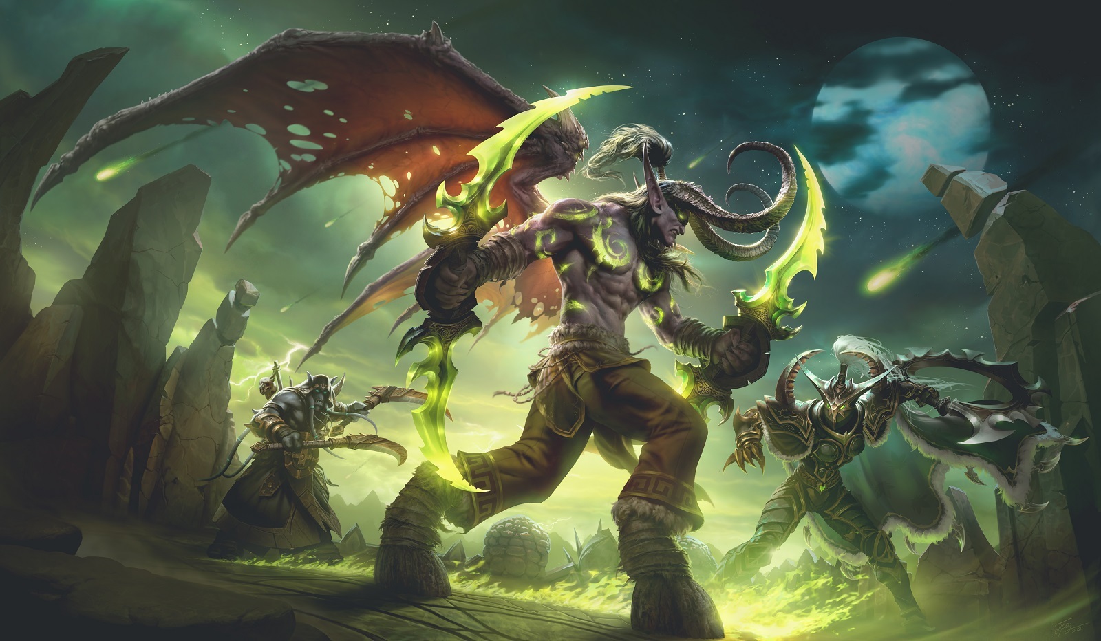 Illidan facing Akama and Maiev at the Black Temple in World of Warcraft