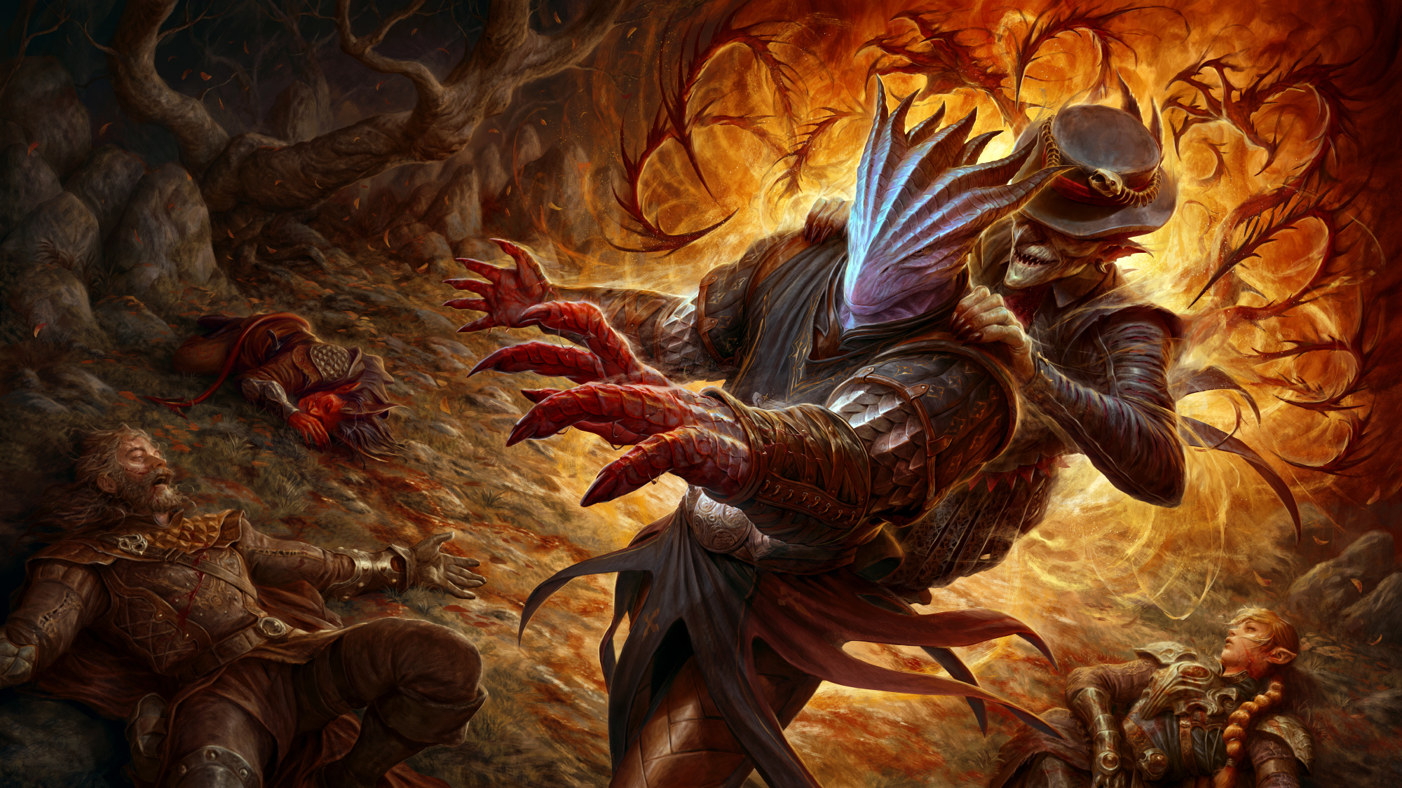 Artwork of Baldur's Gate 3: The pale dragonborn Dark Urge surronded by three corpses with Sceleritas Fel on his Back.