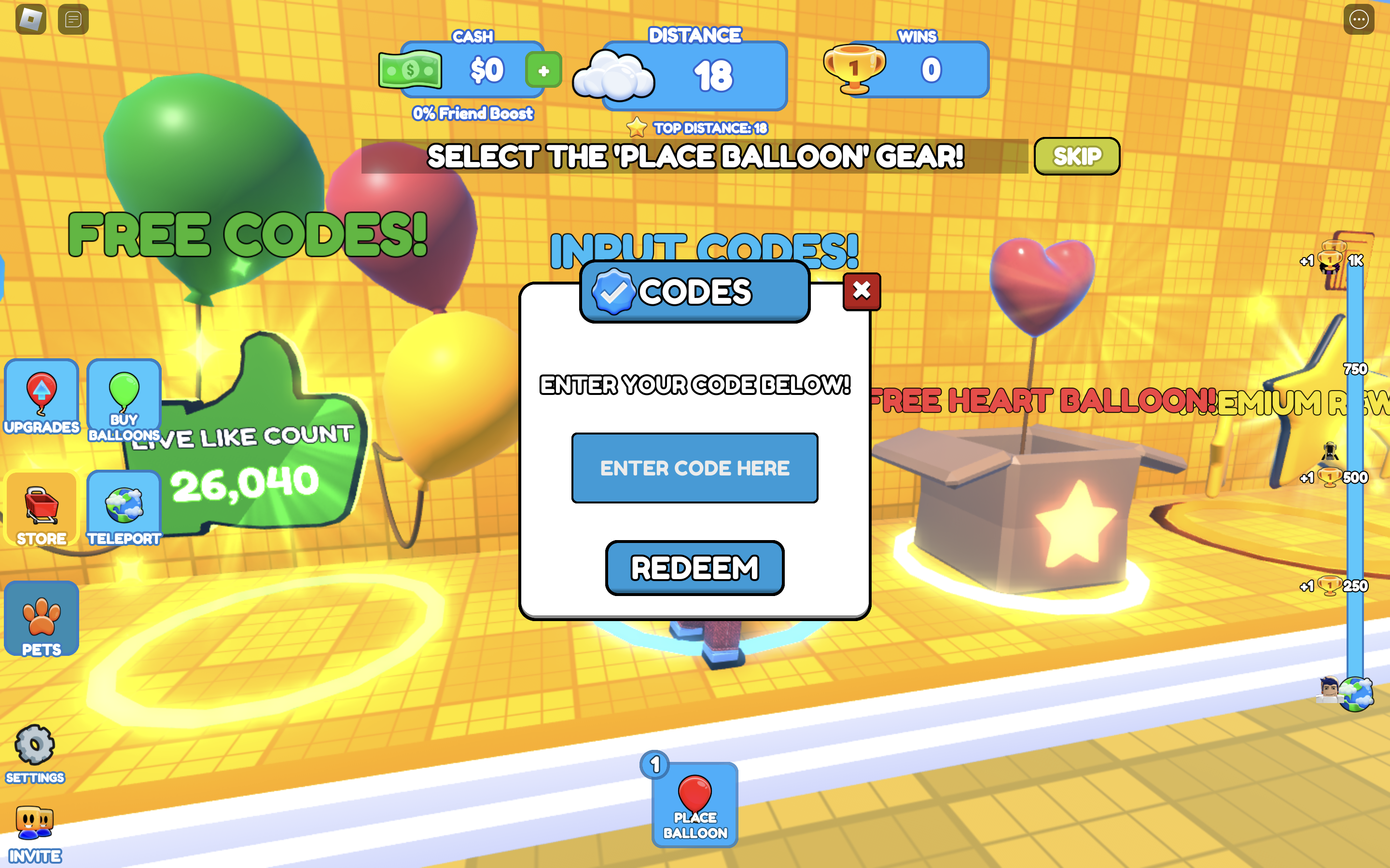 Balloon Simulator how to redeem codes