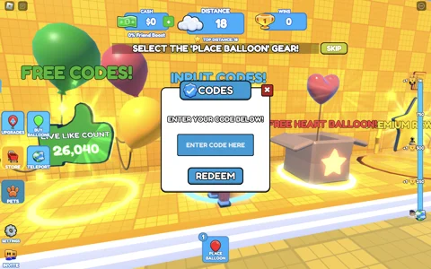 Balloon Simulator how to redeem codes