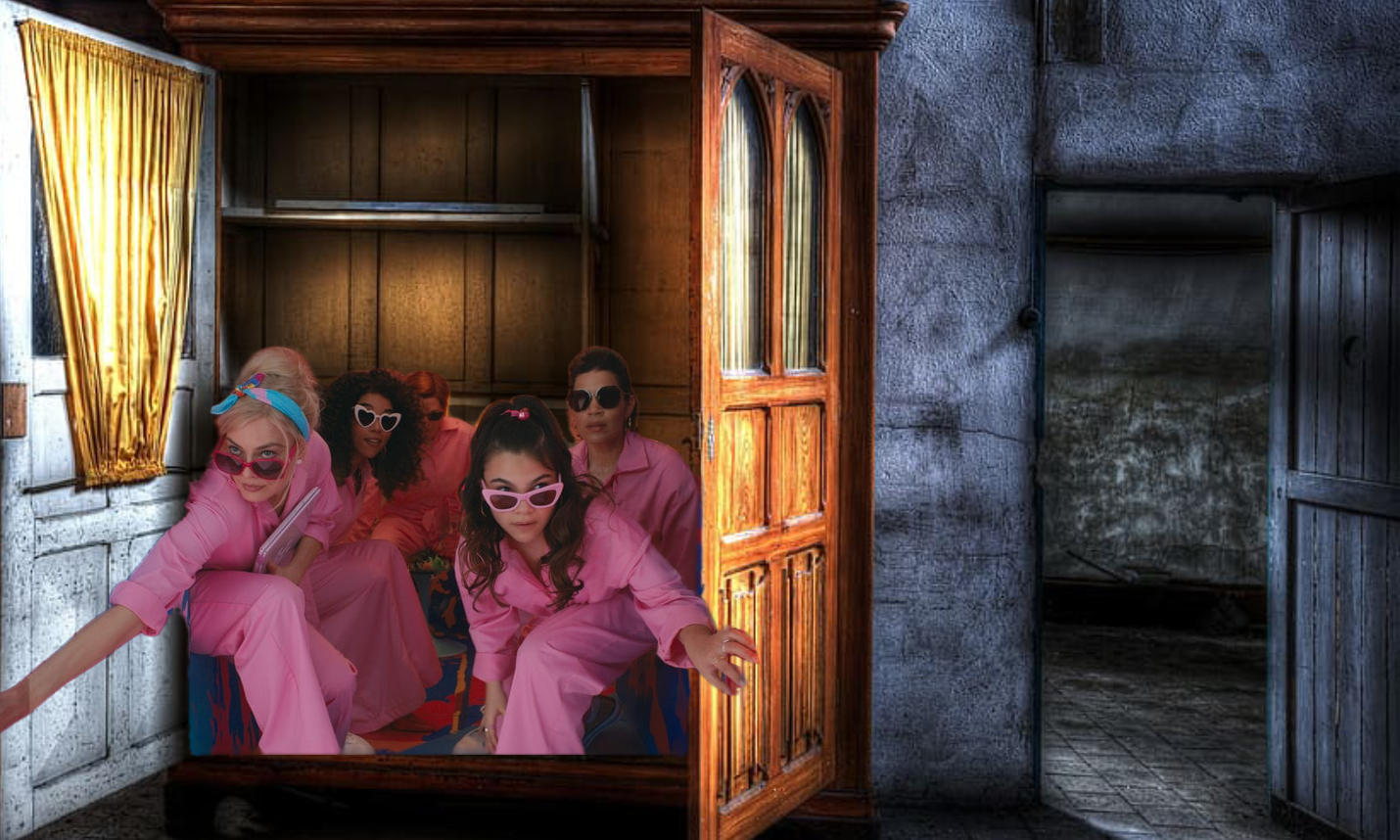 Barbie and her friends sitting inside a wardrobe.