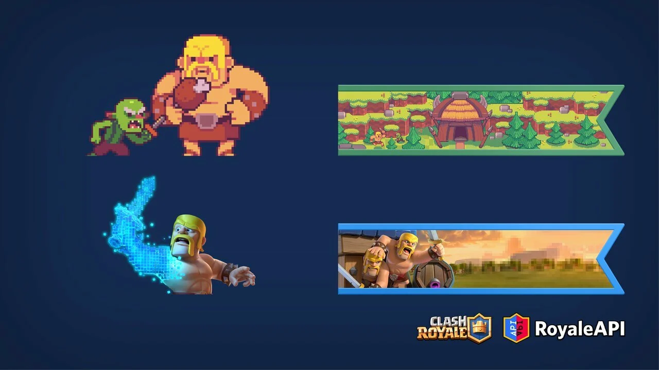 A pixelated Goblin/Barbarian combo and dissolving Barbarian will get new Battle Banner designs in the August 2022 season Supercell Clash Royale