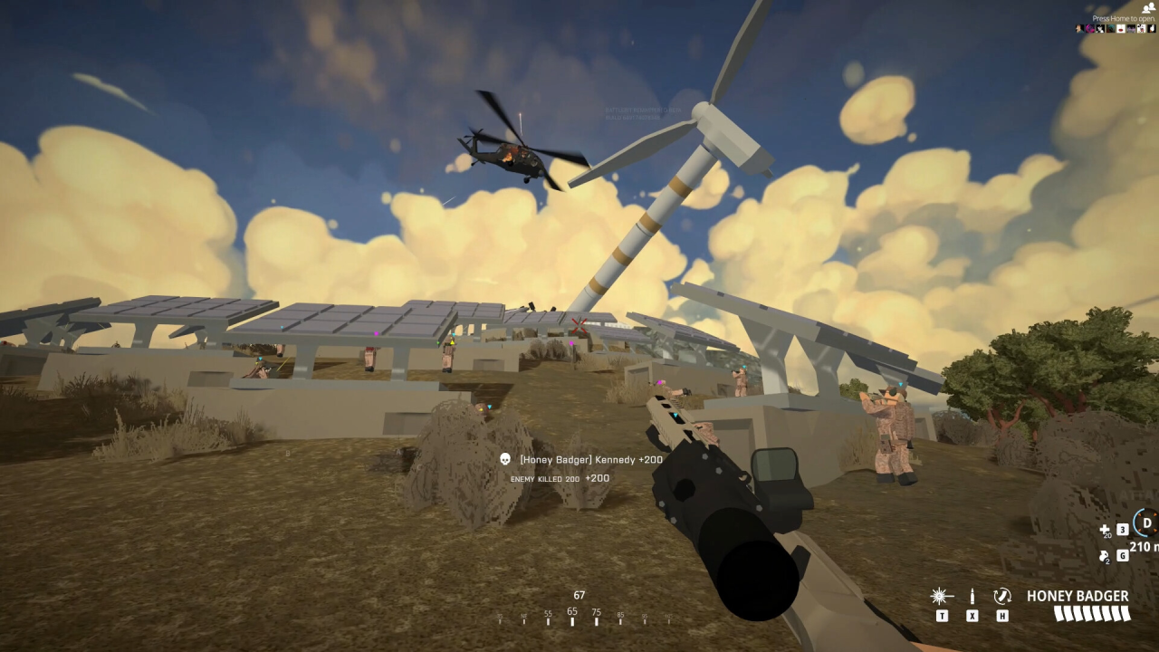 BattleBit Remastered Screenshot of a hill with solar panels and a wind turbine that's falling down while a helicopter is flying neraby it's chaos.