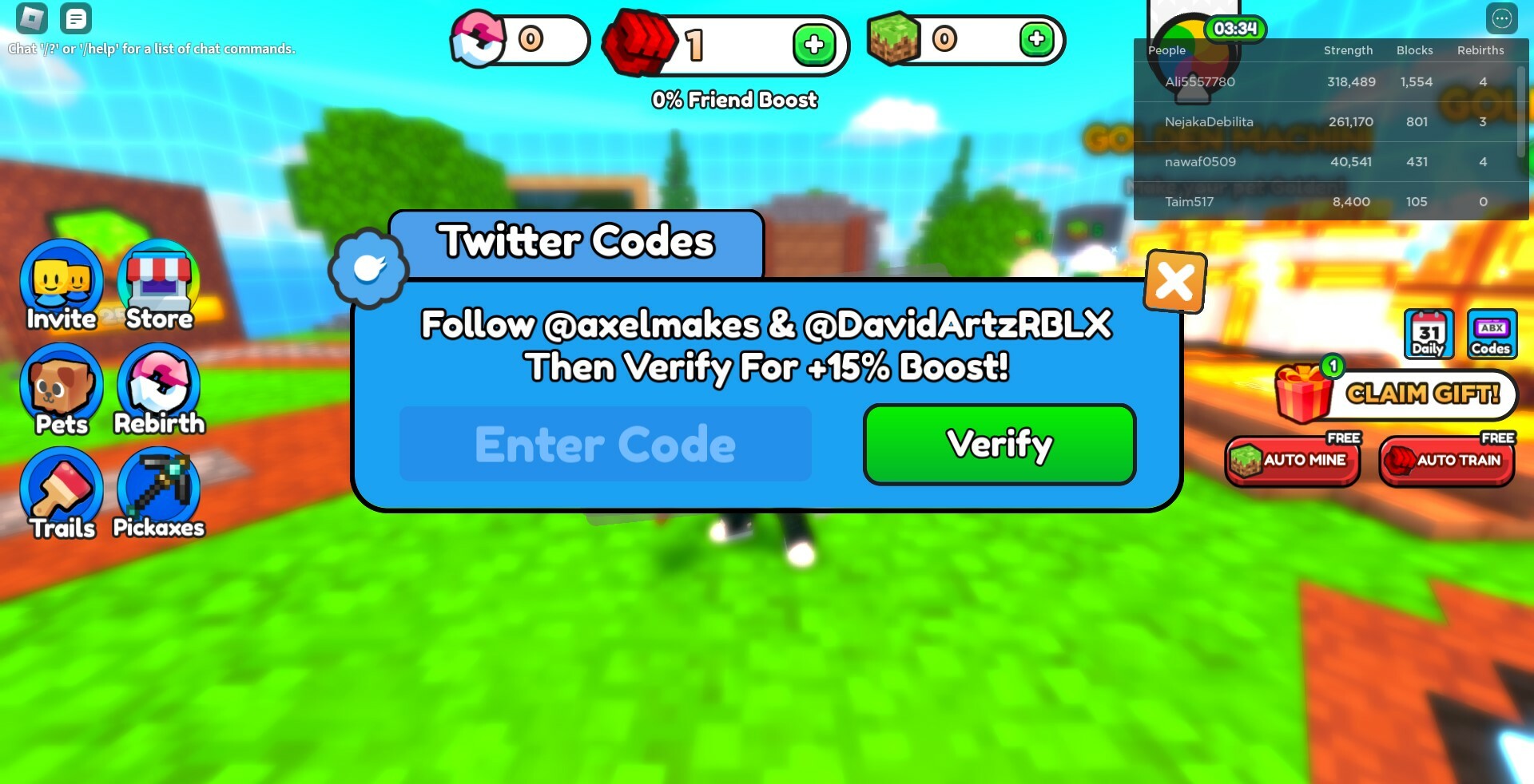 Code Redeem Screen For Block Mine Simulator