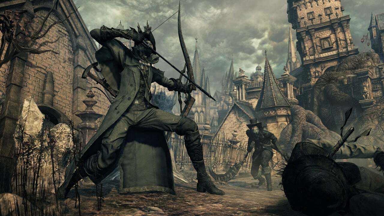 Hunter in Bloodborne shooting an arrow with a bow