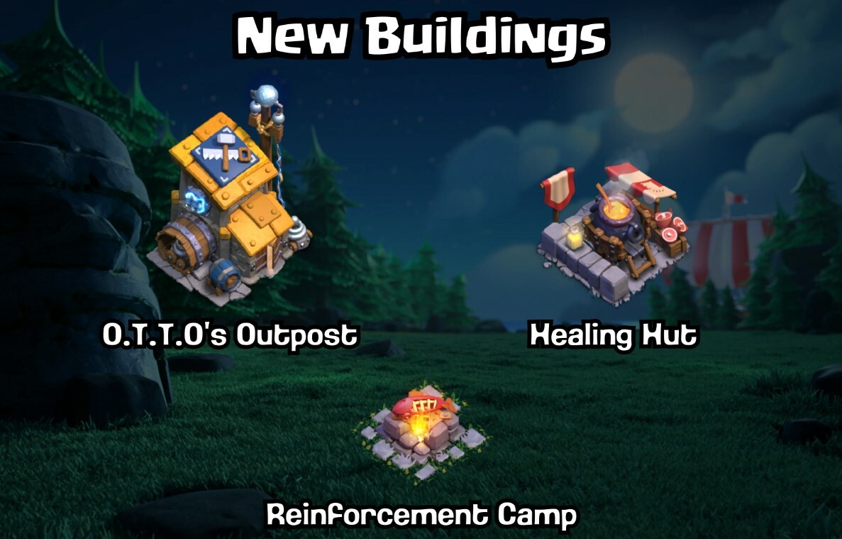 Clash Of Clans Builder Base 2.0 New Buildings Guide Supercell OTTO's Outpost Healing Hut Reinforcement Camp