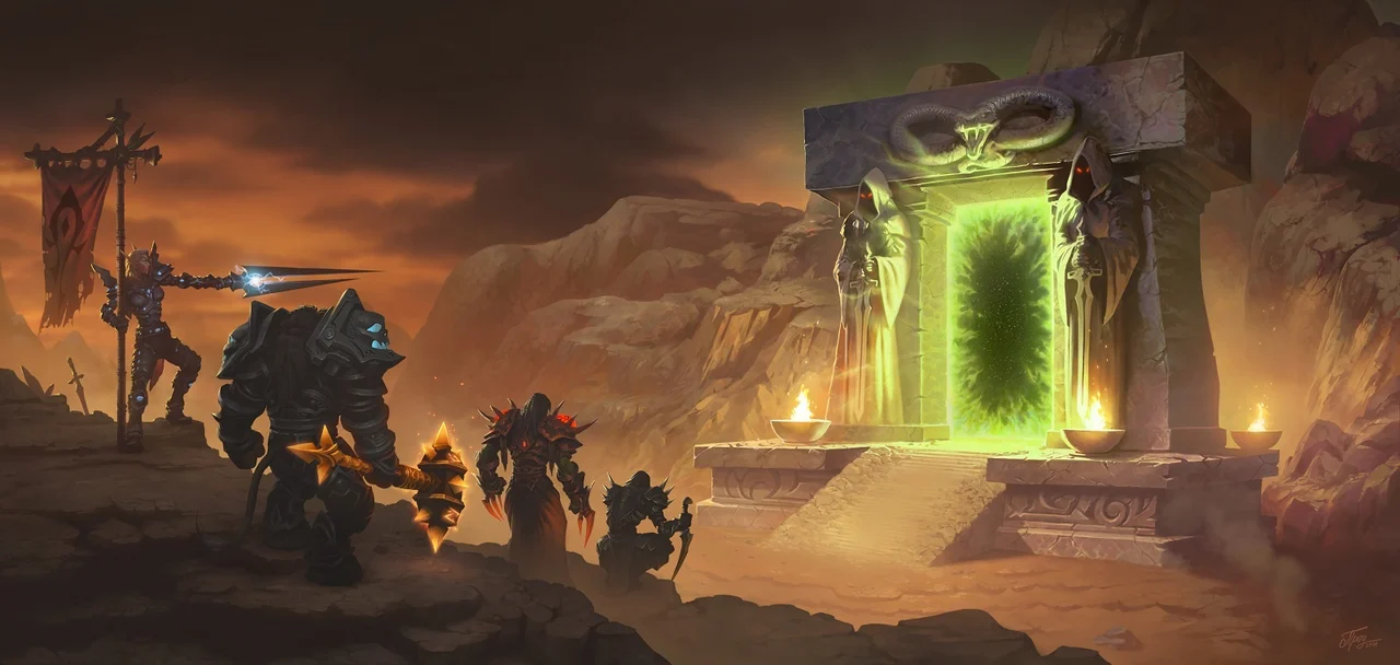 Orcs standing in front of the Dark Portal in World of Warcraft