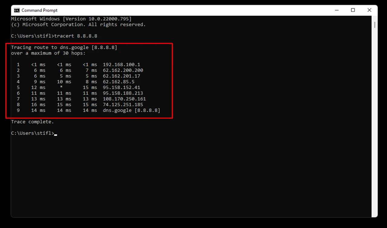 CMD Tracert Google DNS