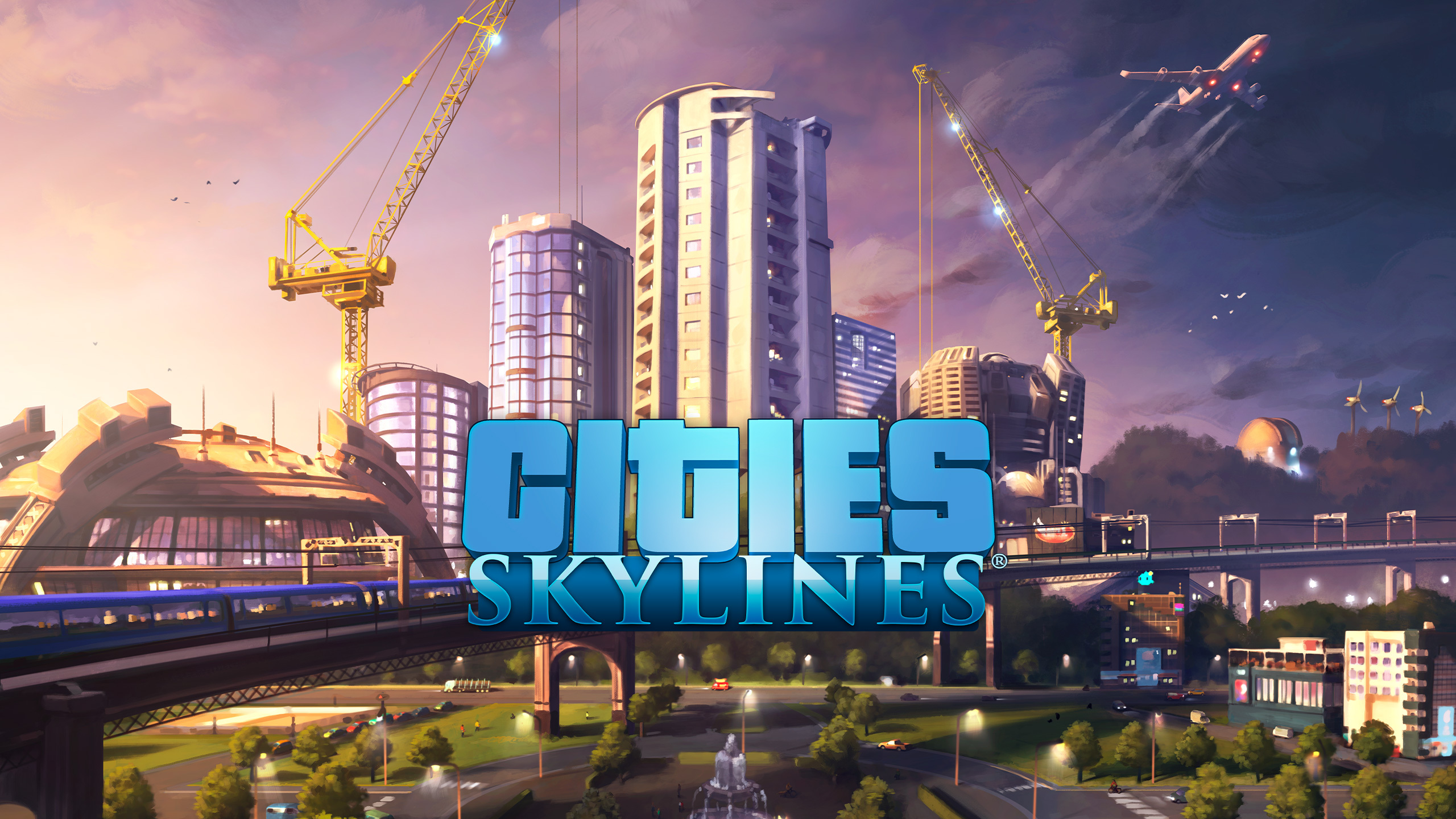 Cities Skylines keyart showing the game's logo in front of a modern cityscape