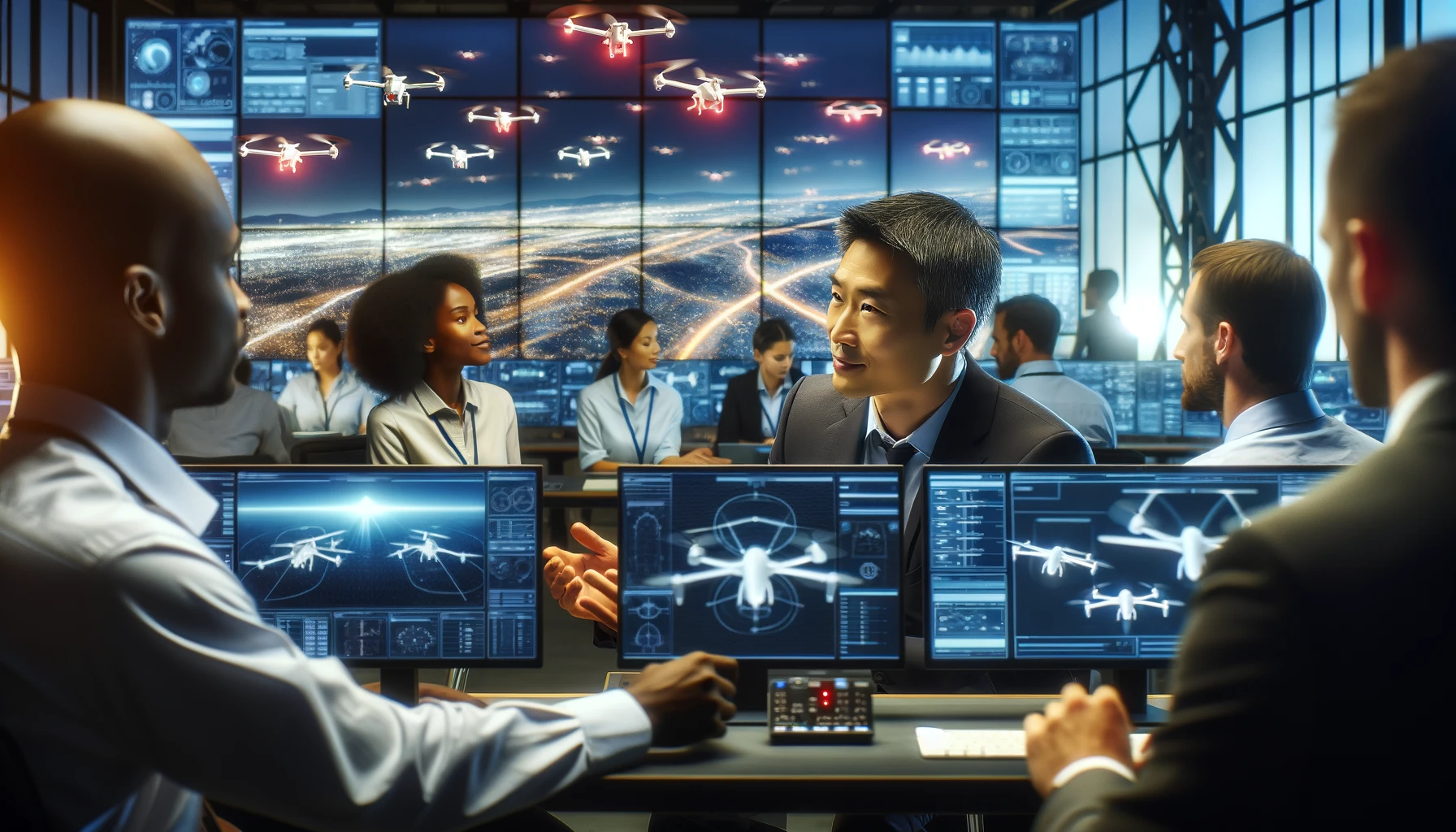 DALL E 2023 12 19 12 41 27 A manager for autonomous aerial vehicles working in a high tech control room overseeing a team of diverse experts The room is filled with multiple s