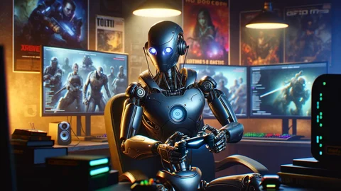 DALL E 2024 03 14 17 21 45 Adapt the previous scene to a 16 9 format focusing on depicting the AI a sleek futuristic robot with a metallic finish as a gamer with a few key c