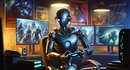 DALL E 2024 03 14 17 21 45 Adapt the previous scene to a 16 9 format focusing on depicting the AI a sleek futuristic robot with a metallic finish as a gamer with a few key c