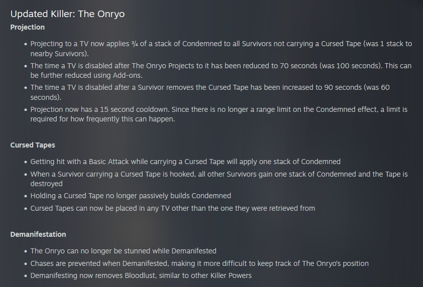 Steam Patch Notes showing the Update for the Killer The Onryo