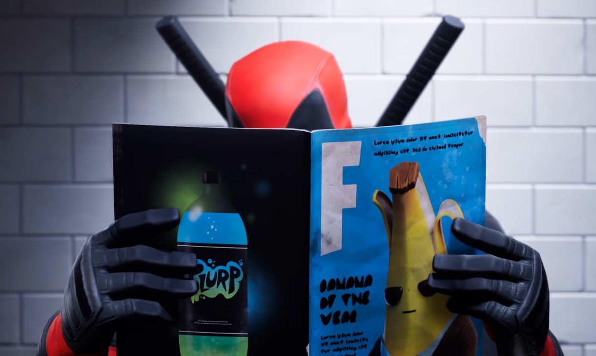 Deadpool auf der Toilette , während er eine Fortnite Zeitschrift liest.