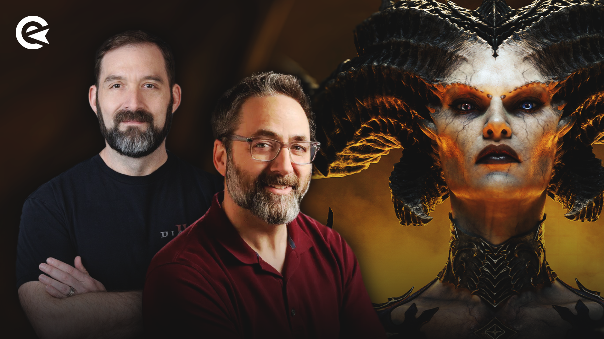 John Muller and Joe Piepiora of Blizzard in front of a background showing Lilith from Diablo 4