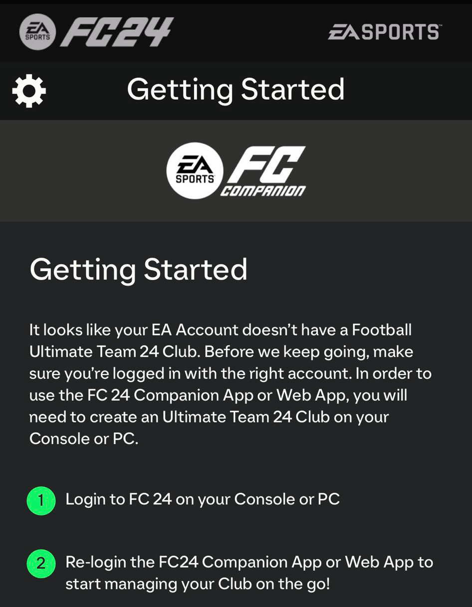 EA FC 24 Web App It looks like your EA Account doesnt have a Football ultimate team 24 club