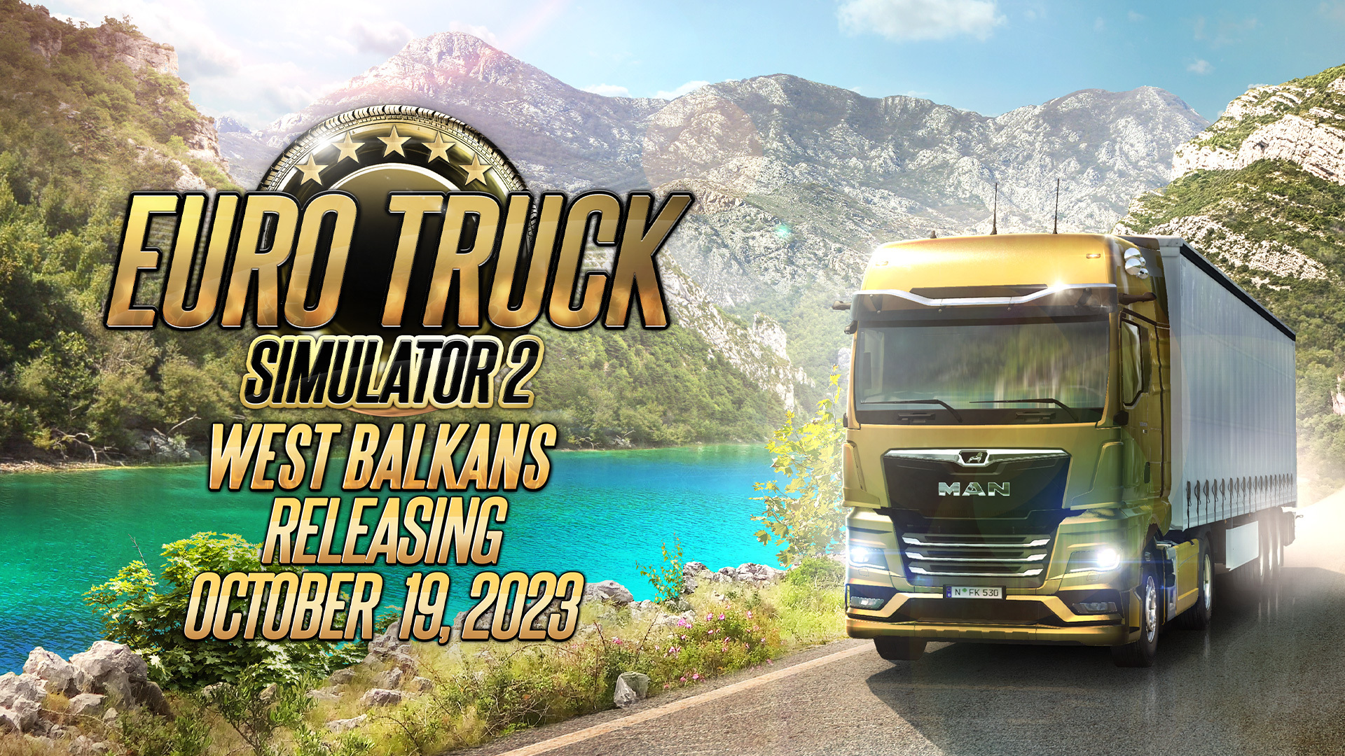 Euro Truck Simulator 2 West Balkans Keyart showing a track driving through a mountain range along a river