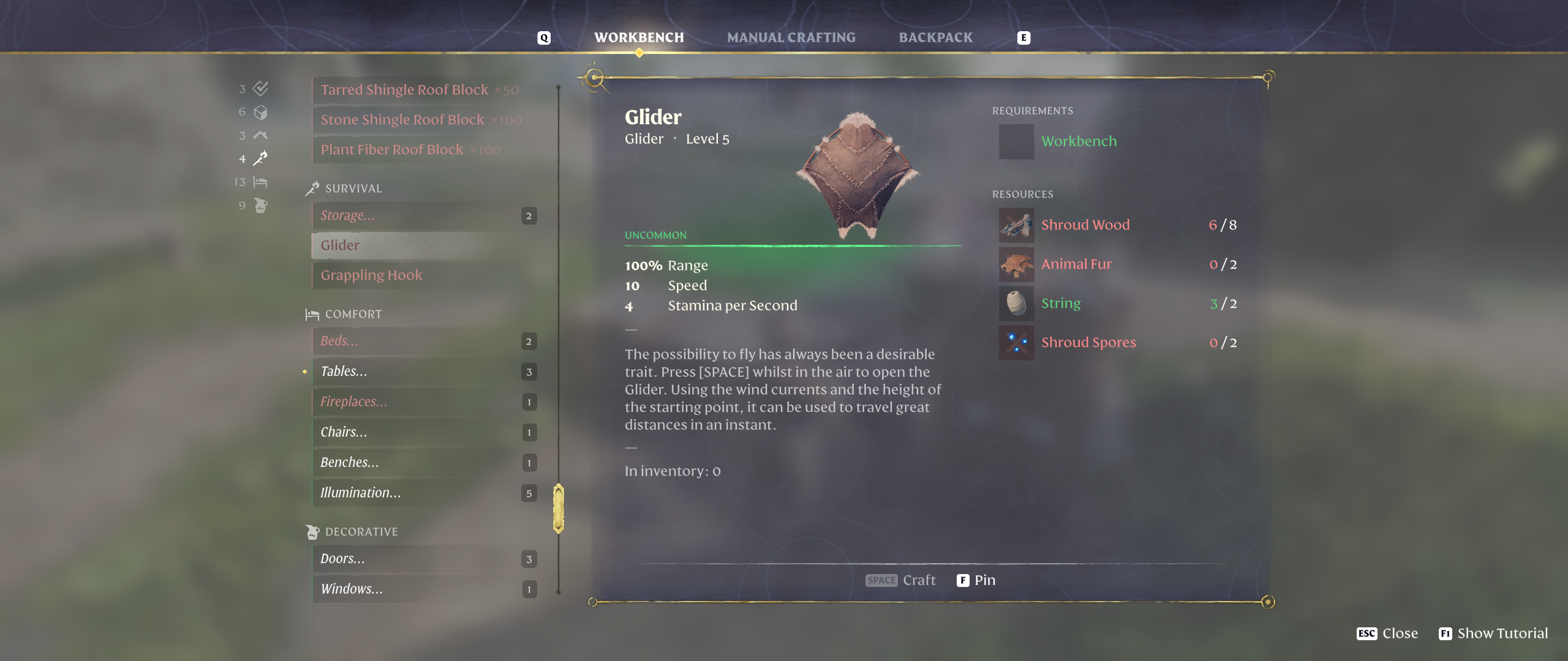 Enshrouded: How To Make A Glider Crafting Menu