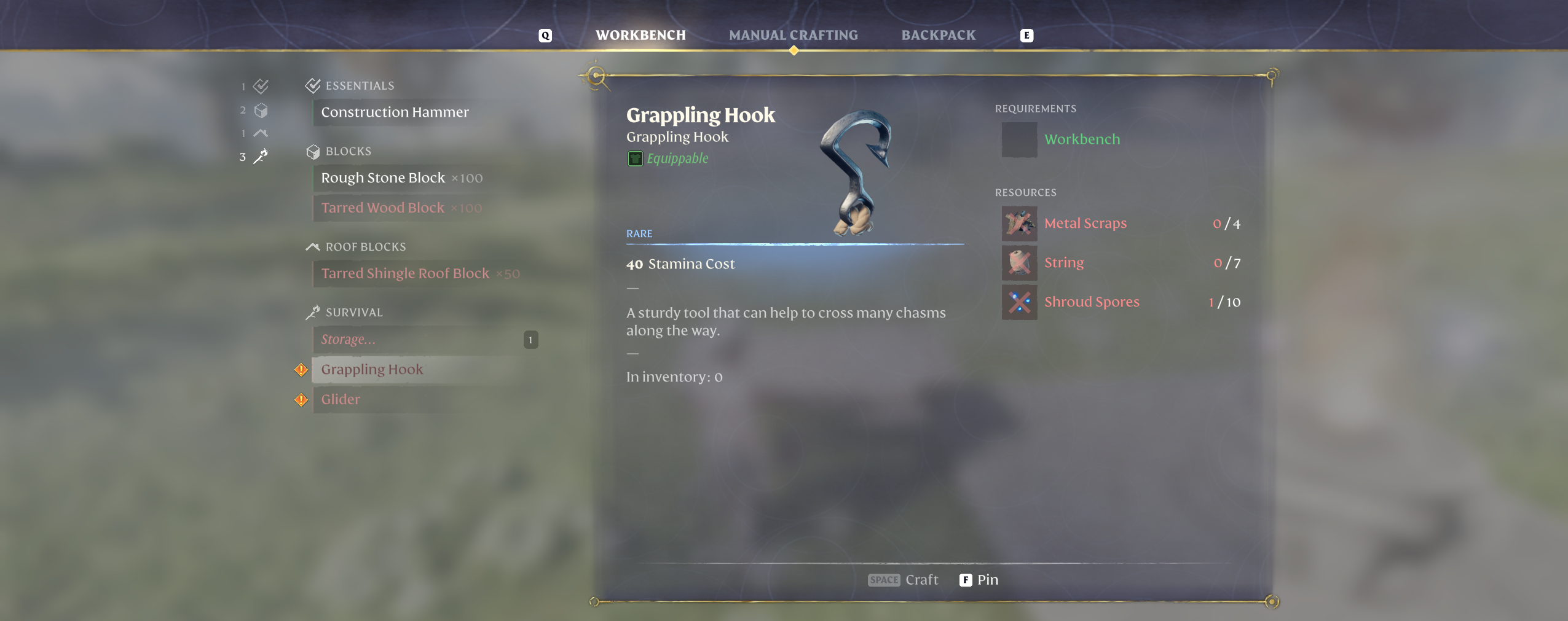 Enshrouded Grappling Hook Crafting Menu