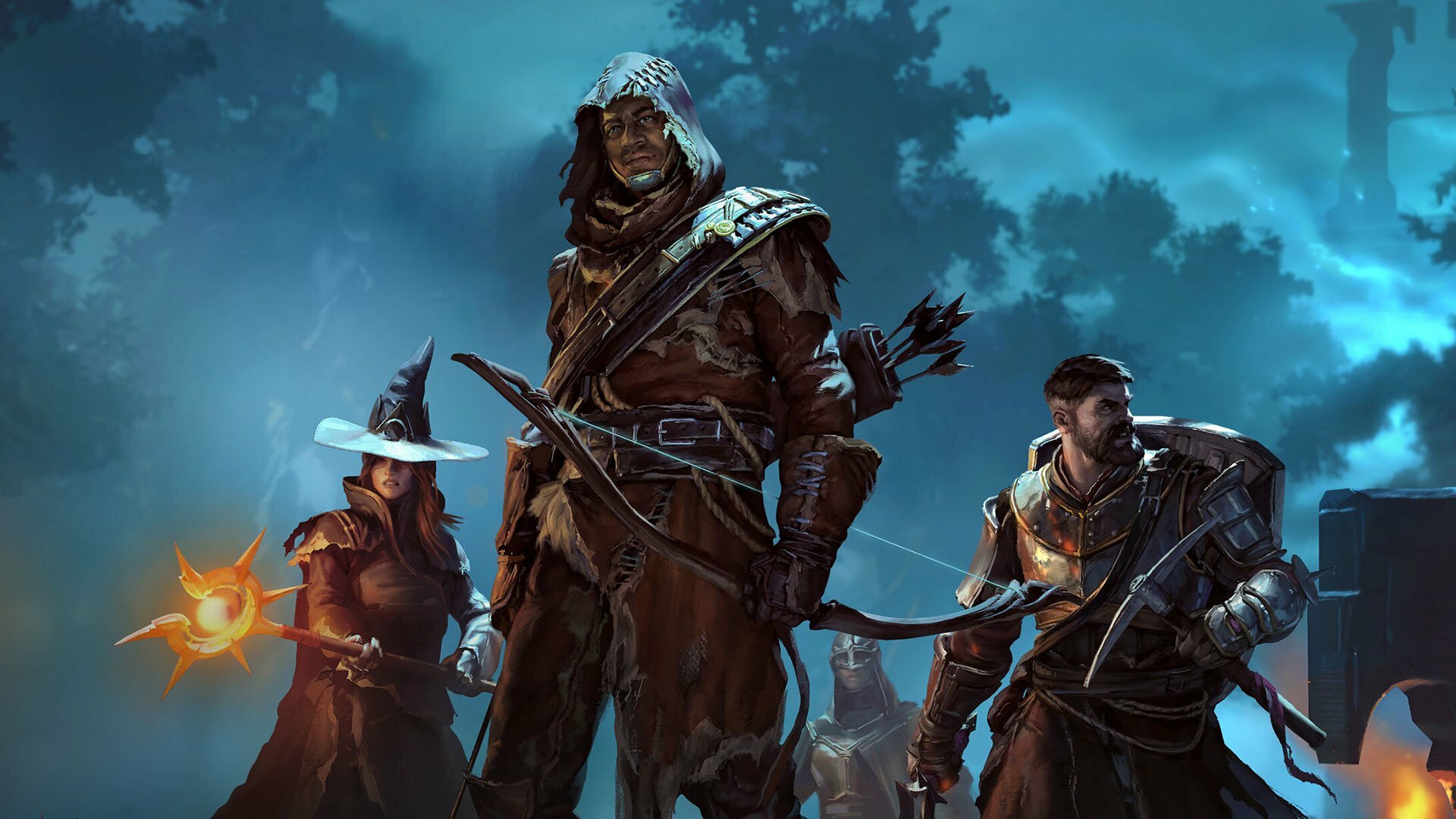 Enshrouded keyart showing a mage, a rogue and a warrior