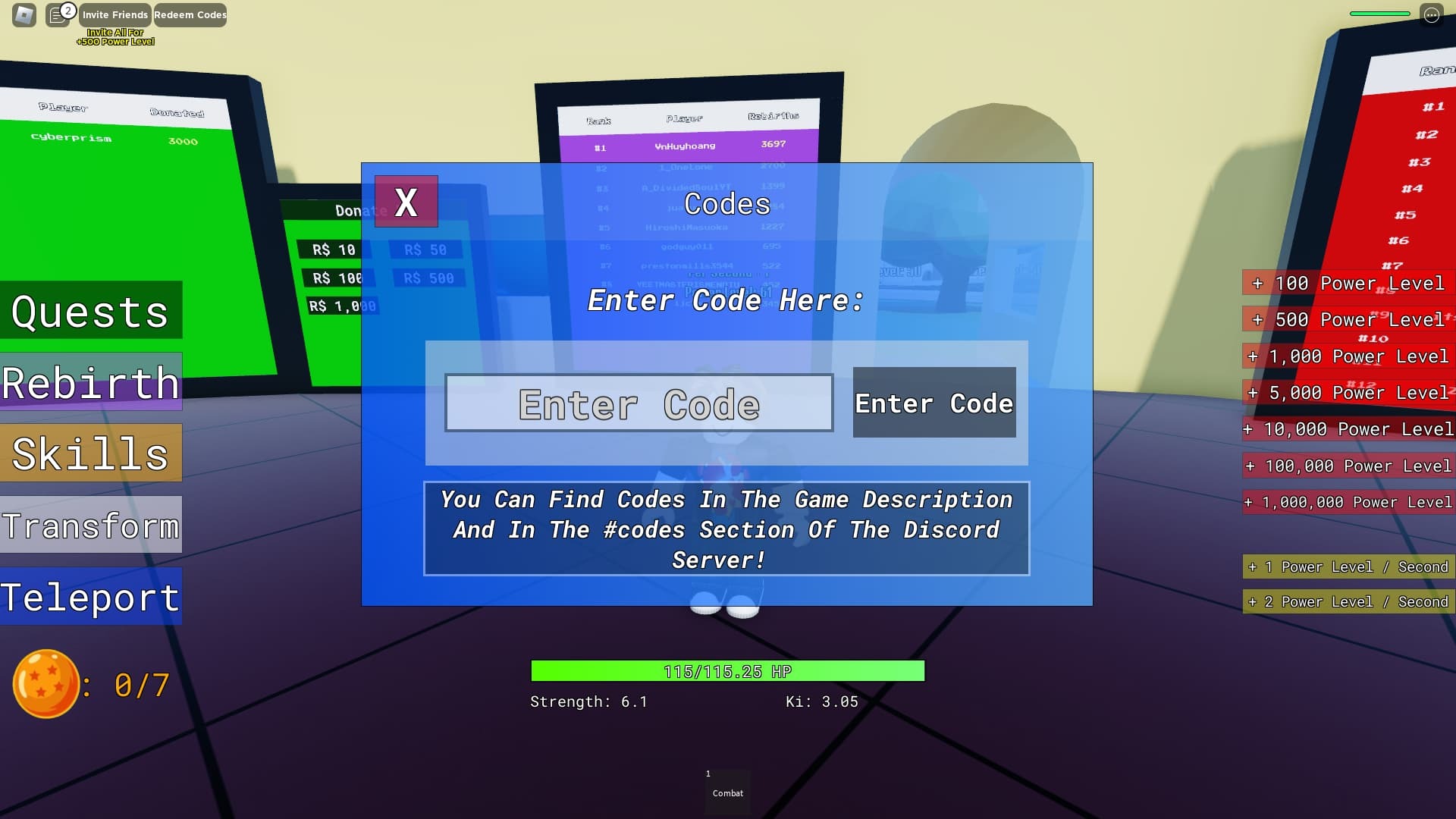 Every Second You Get 1 Power Level How TO Redeem Codes