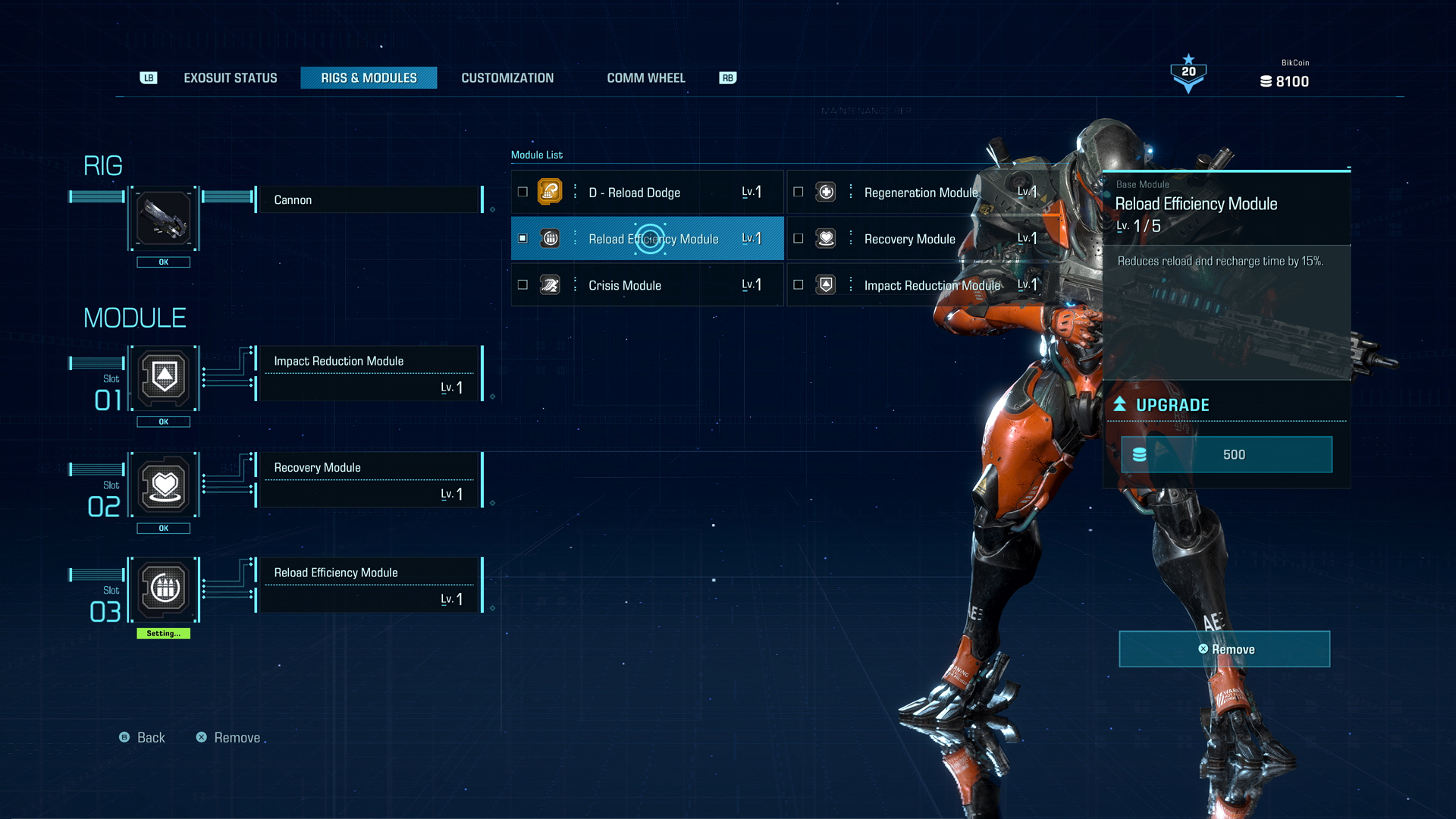 Hangar in Exoprimal showing module customization