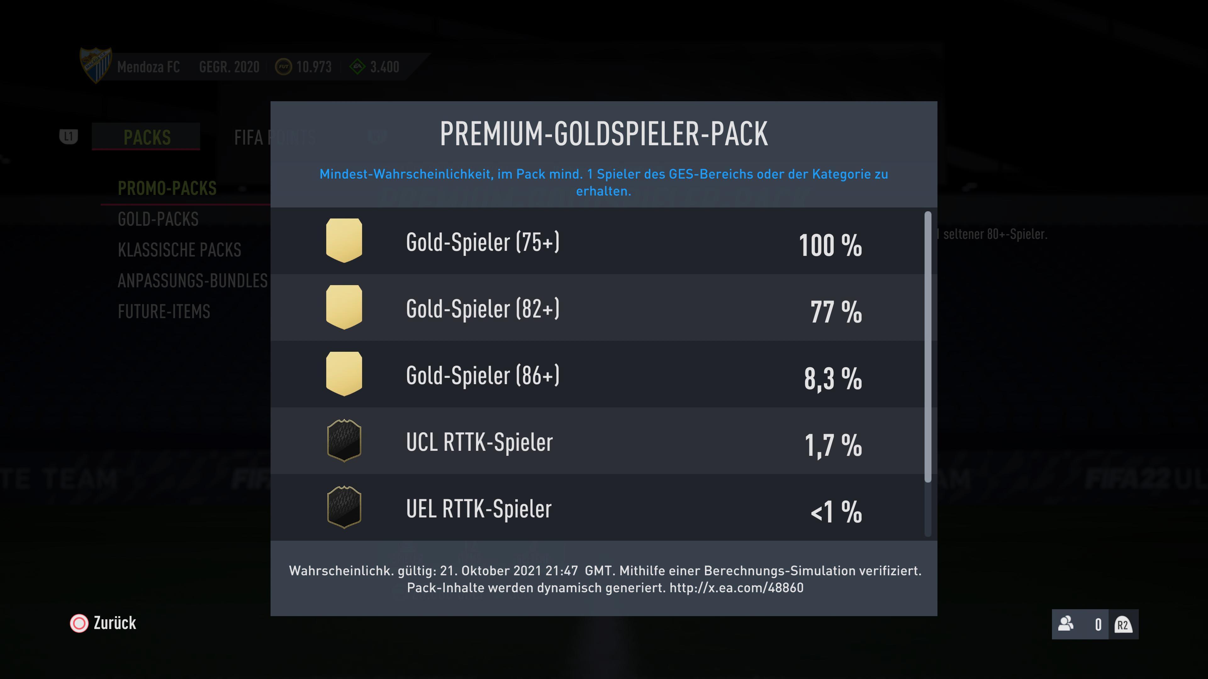 FIFA 22 Premium Gold Pack Wahrscheinlichkeiten