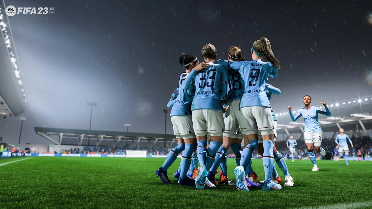 Die Frauen-Fußballmannschaft von Manchester City bejubelt ein Tor.