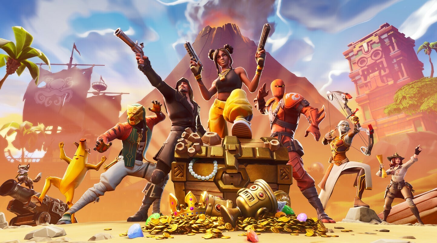 Fortnite characters standing arount a treasure chest