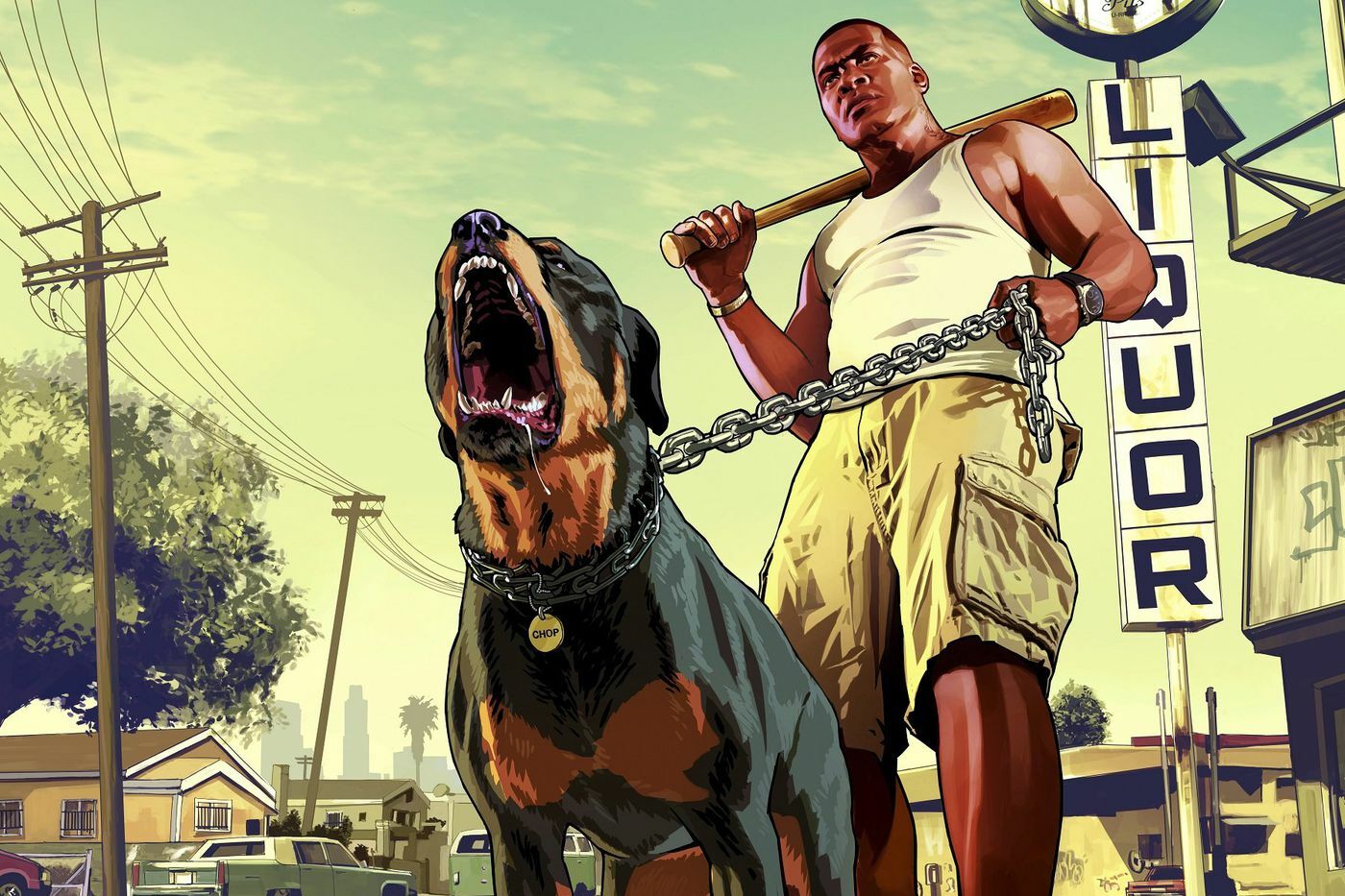 GTA 5 keyart showing Franklin holding his dog chop by a chain